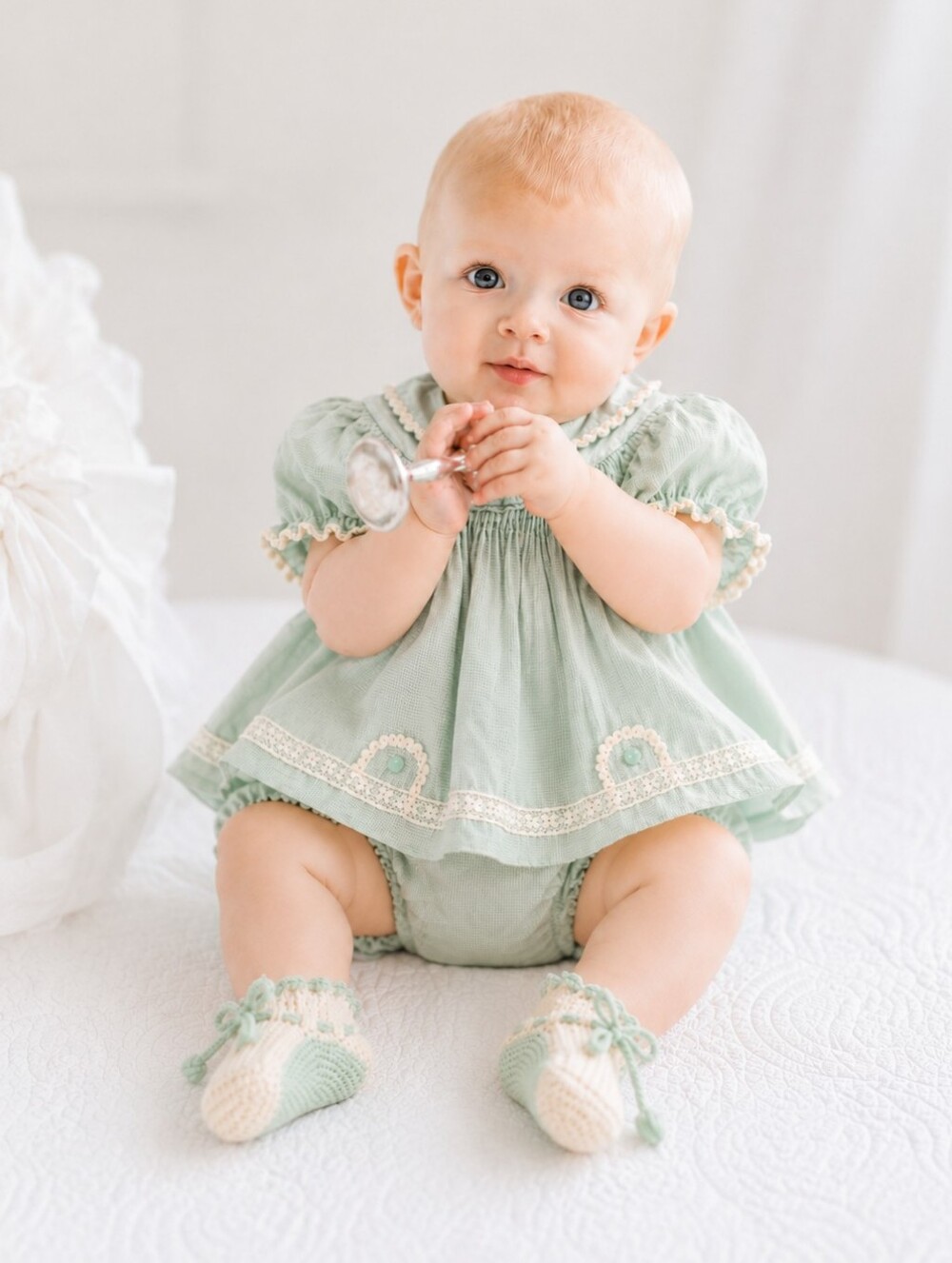 TRUE VINTAGE Mint Baby Outfit  Authentic Heirloom Rare Cream Green Lace